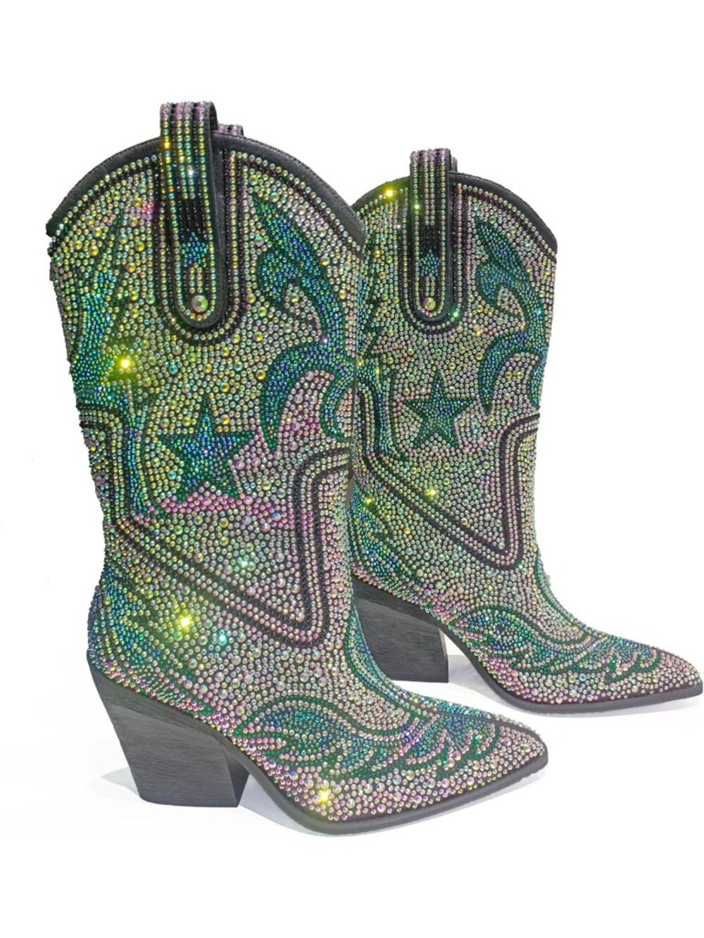 Women Blue Green Multi Color Patterned Rhinestone Western Cowgirl Mid Calf Boots